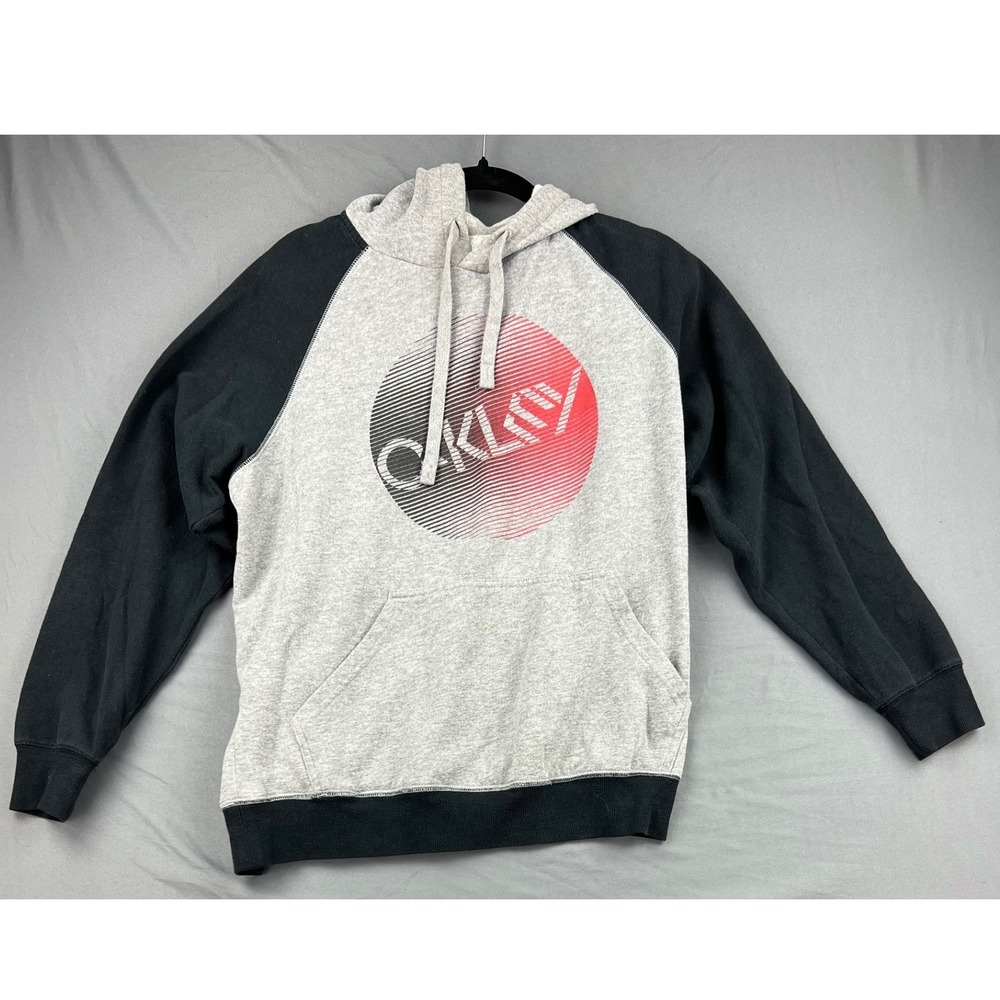 Oakley Hoodie Mens Small Raglan Pullover Gray Black Graphic Logo Sweatshirt Good